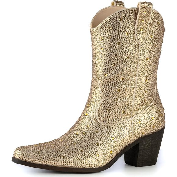 Gold Women Rhinestone Cowboy Boots Pointed Toe Mid Calf Sparkly Block Heel - Picture 1 of 4